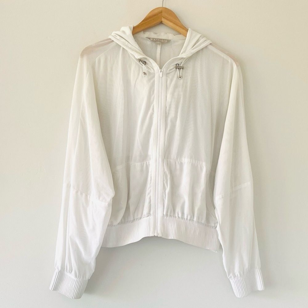 Athleta White Mesh Bomber Jacket Lightweight Zip-Up Hoodie Sporty Casual sz M